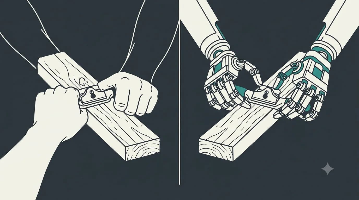 A human hand and a robotic gripper performing the same grip on a piece of wood