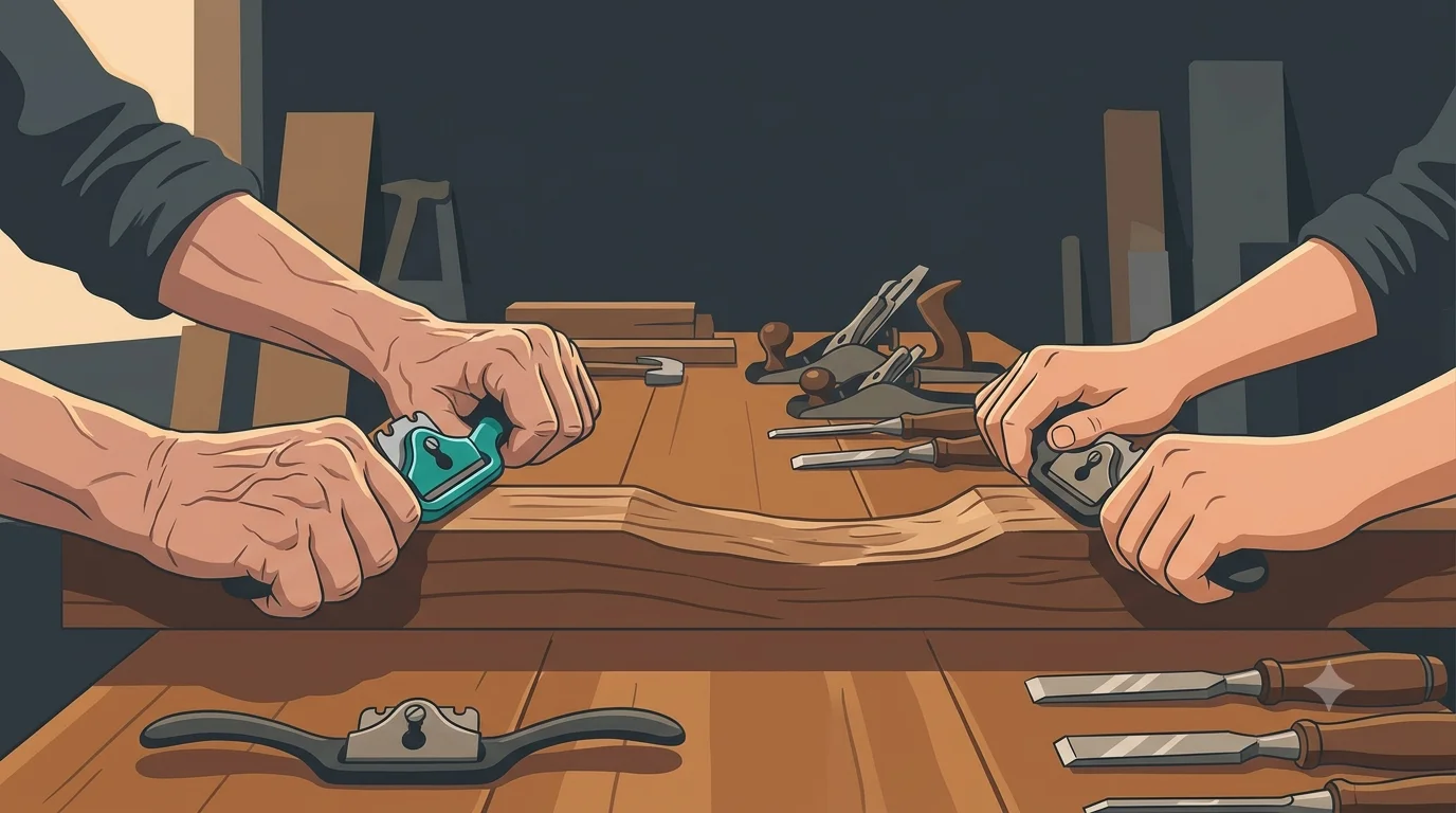 Two pairs of hands working at the same bench, a gesture shown and repeated